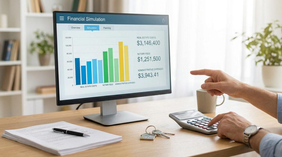 Simulateur frais notaire : calculez vos taxes immobilières Un homme simule les frais immobiliers et notariés sur un écran d'ordinateur, avec calculateur, documents et clés de maison.
