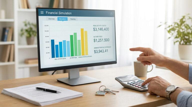 Simulateur frais notaire : calculez vos taxes immobilières Un homme simule les frais immobiliers et notariés sur un écran d'ordinateur, avec calculateur, documents et clés de maison.