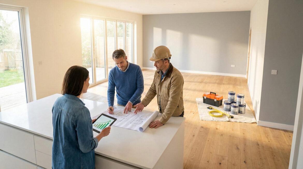 Réussir vos travaux maison maisoniadeal fr : budget, aides et étapes clés Un couple et un entrepreneur examinent des plans de rénovation dans une pièce lumineuse. La femme tient une tablette avec un graphique de budget.
