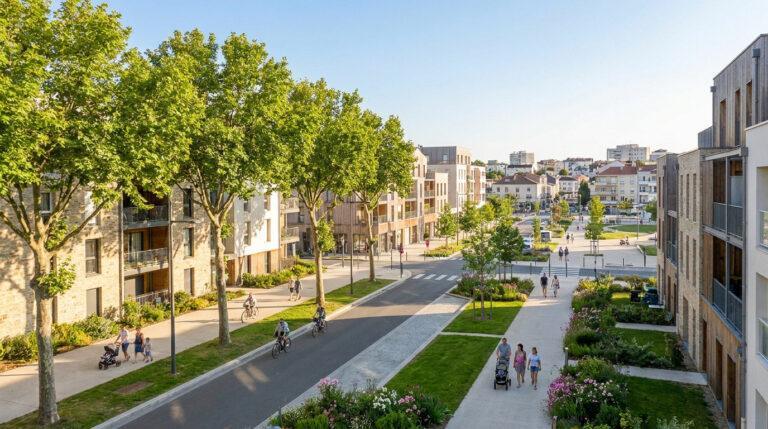Quels quartiers choisir à La Roche-sur-Yon en 2026 ? Quartier résidentiel moderne et vert avec bâtiments contemporains, arbres, pistes cyclables et piétons sous un ciel bleu.