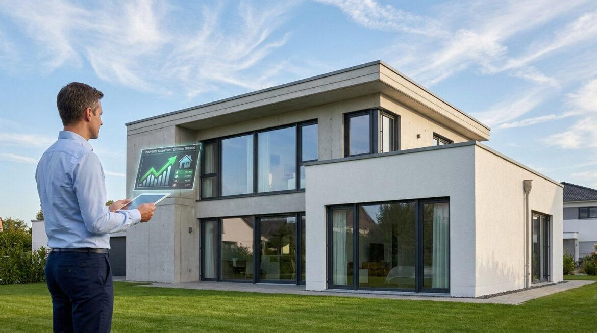 Evaluation maison : fixez le juste prix pour vendre en 2026 Un homme analyse une maison moderne avec une tablette affichant une projection holographique de données immobilières.