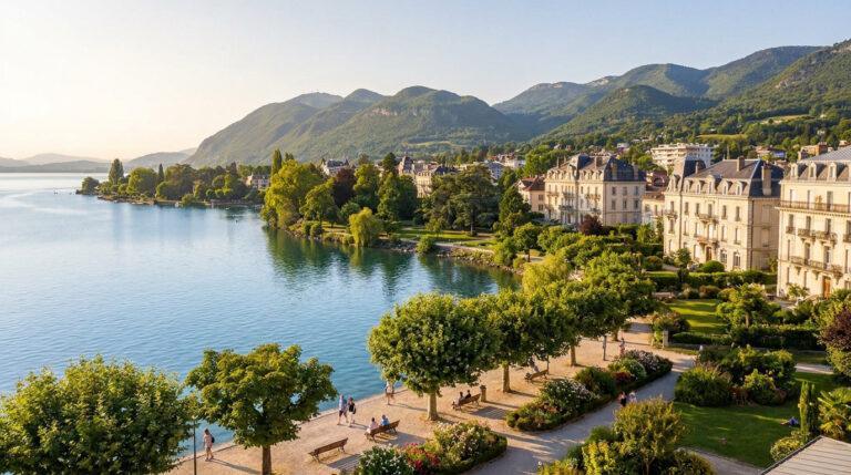 Quartiers aix bains : quels secteurs privilégier en 2026 ? Vue aérienne d'Aix-les-Bains : promenade animée le long du Lac du Bourget, immeubles Belle Époque et montagnes verdoyantes.