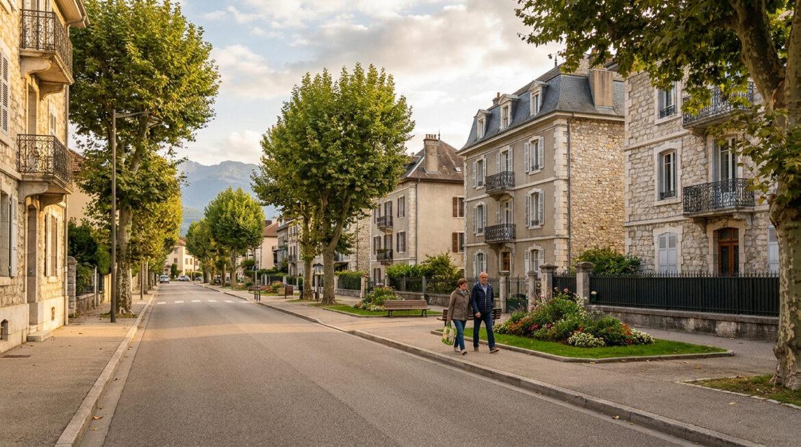 Quartiers à éviter à Aix-les-Bains : le vrai bilan sécurité Rue arborée à Aix-les-Bains, avec bâtiments en pierre, couple marchant sur le trottoir et montagnes en fond sous un ciel clair.