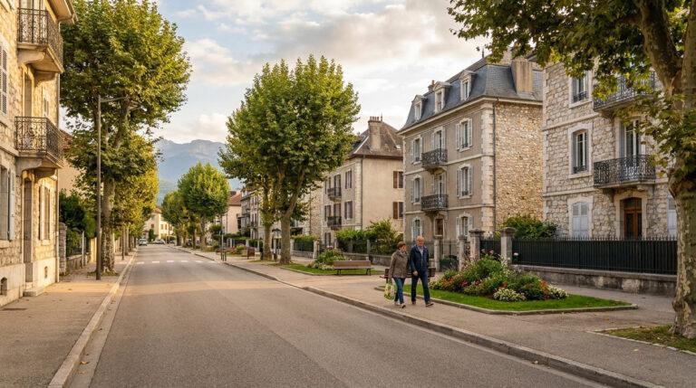 Quartiers à éviter à Aix-les-Bains : le vrai bilan sécurité Rue arborée à Aix-les-Bains, avec bâtiments en pierre, couple marchant sur le trottoir et montagnes en fond sous un ciel clair.
