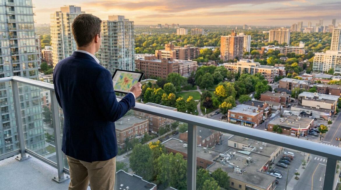 Quartiers à éviter à Noisy-le-Grand : les zones à risques Homme sur balcon surplombant une ville au coucher du soleil, visualisant une carte de zones de risque sur une tablette.