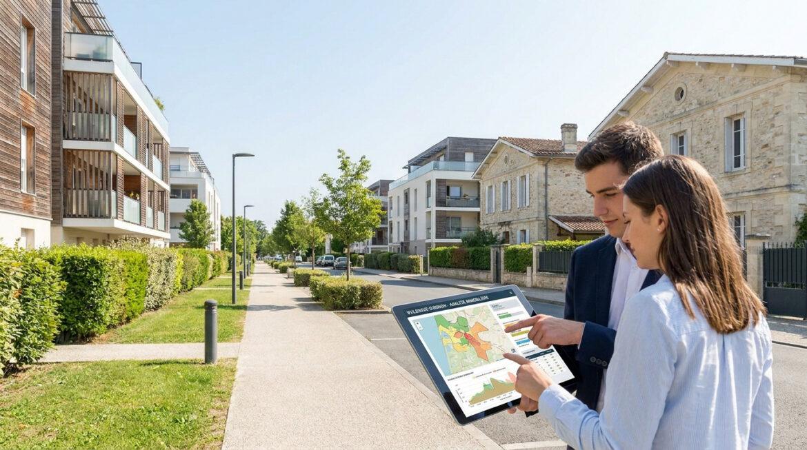 Quartier chaud à Villenave-d’Ornon : la réalité en 2026 Un homme et une femme analysent une carte immobilière de Villenave-d'Ornon sur une tablette, dans un quartier résidentiel moderne.