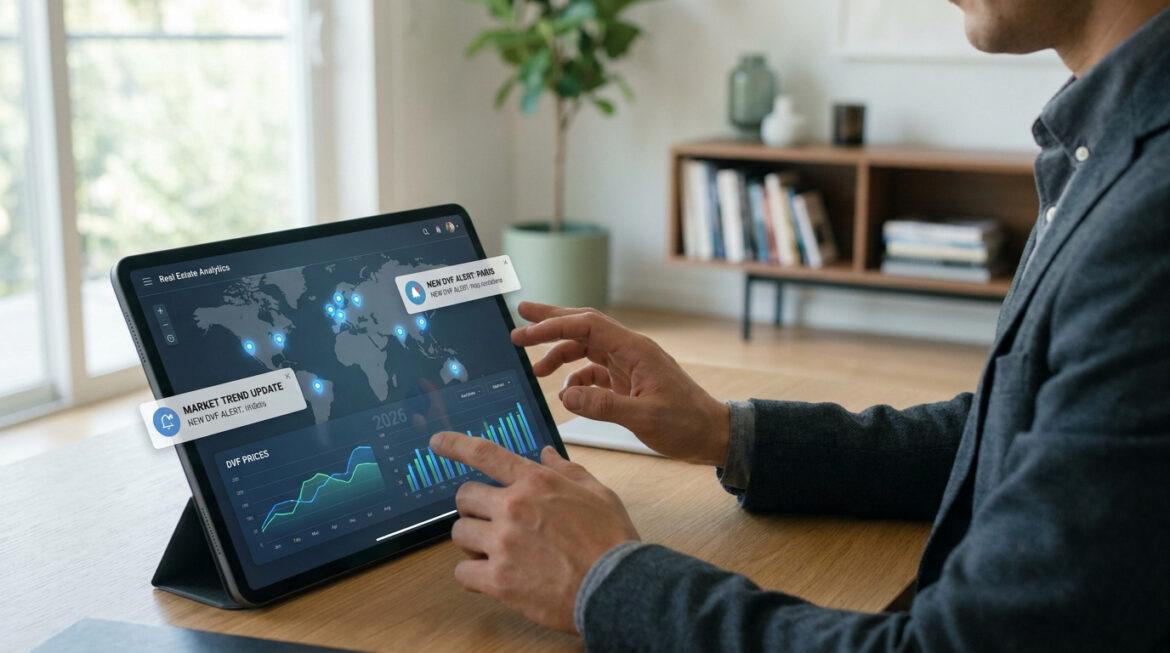 Optimiser vos recherches avec le moteur immo pour investir Homme utilise une tablette affichant une application d'analyse immobilière avec carte mondiale, graphiques DVF et alertes.