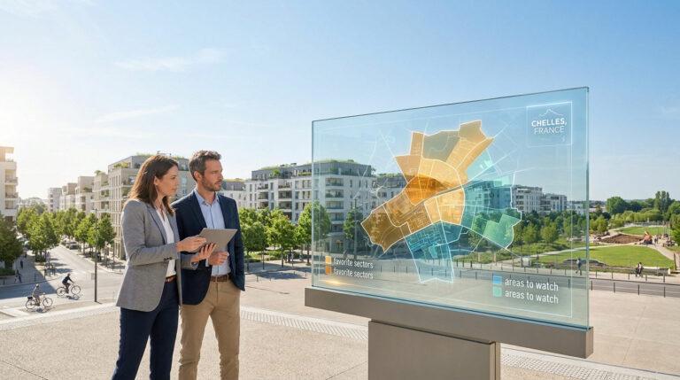 Quartiers à éviter à Chelles : les zones à surveiller Deux personnes regardant une carte numérique transparente de Chelles, France, affichant les quartiers à éviter et les zones favorites.