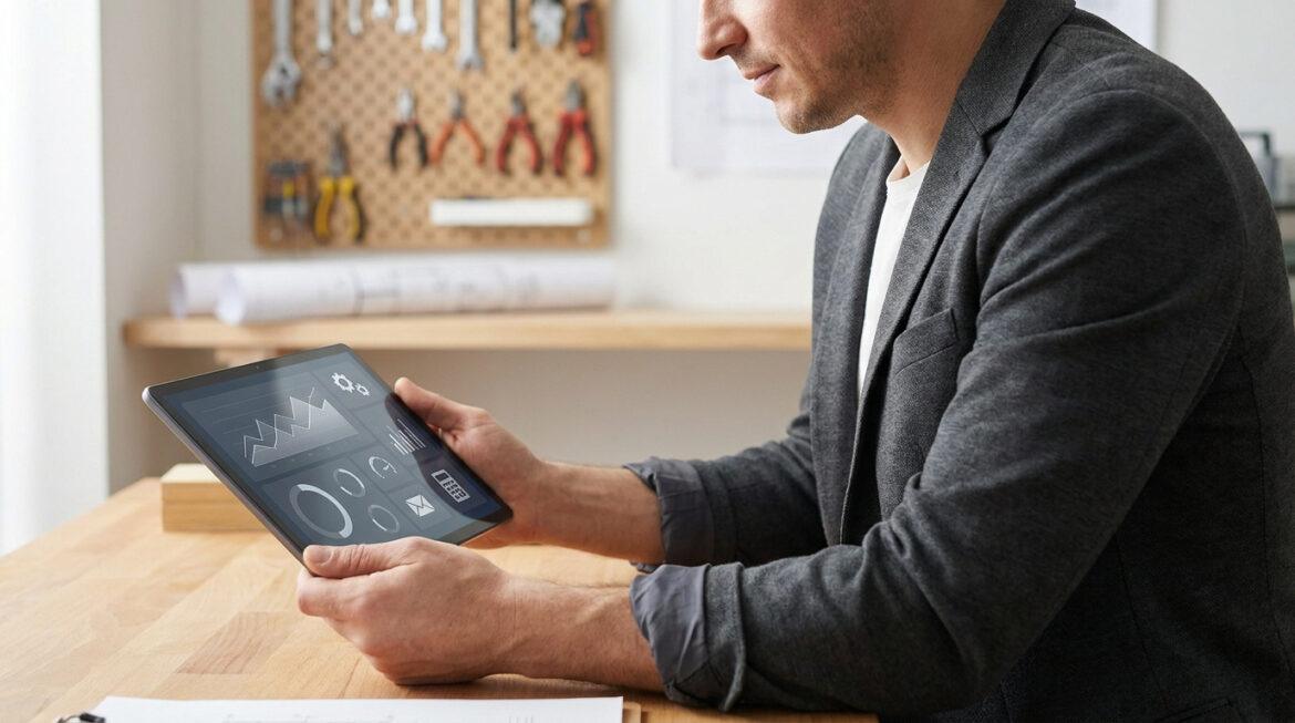 Accès et connexion artisan clic : gérez vos chantiers Un homme en veste grise consulte une tablette affichant des graphiques. En arrière-plan, un mur d'outils et des plans.