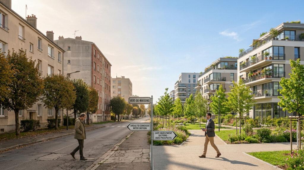 Rue à Maisons-Alfort scindée: vieux quartiers à g., modernes et verts à dr. Panneau indique "zones à éviter" et "bons investissements".