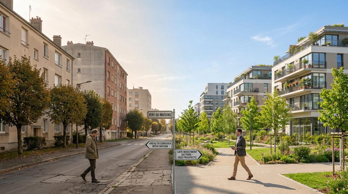Quartiers de Maisons-Alfort : les zones à éviter en 2026 Rue à Maisons-Alfort scindée: vieux quartiers à g., modernes et verts à dr. Panneau indique "zones à éviter" et "bons investissements".