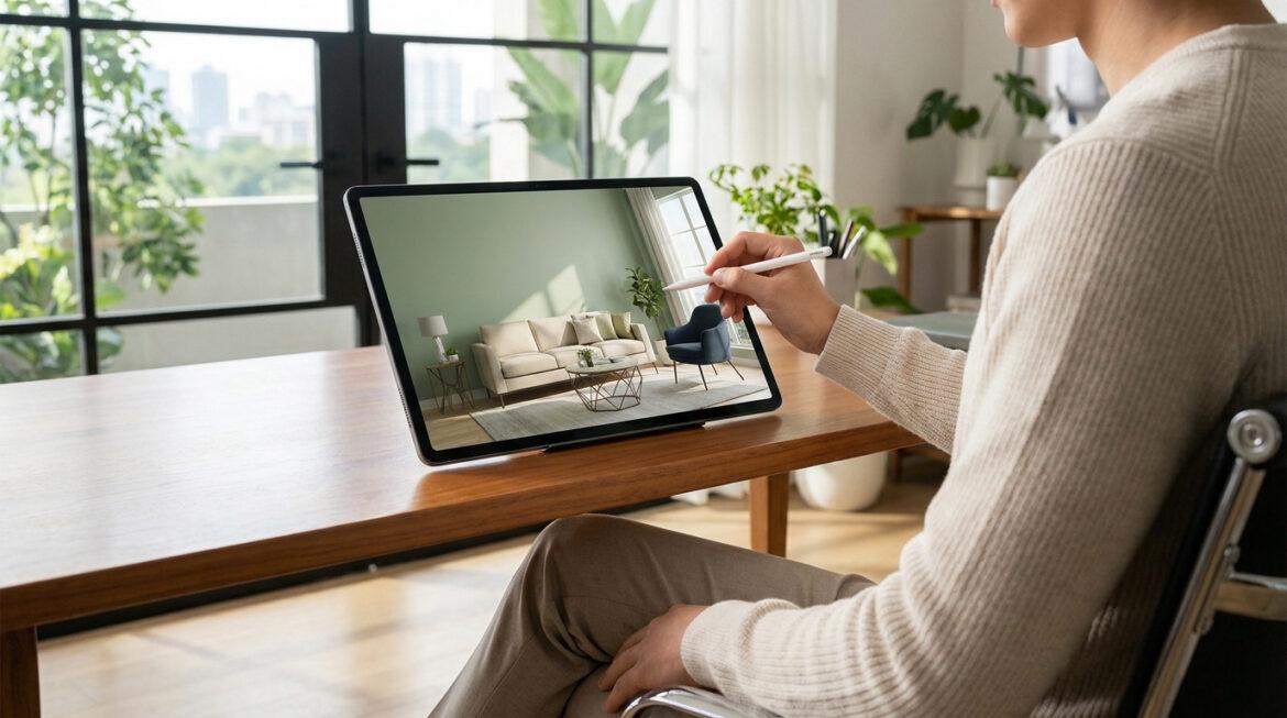 Avis sur le simulateur Raffinement et Habitat : efficacité pro Personne utilisant une tablette et un stylet pour visualiser et modifier un salon virtuel moderne, reflétant un simulateur de design.