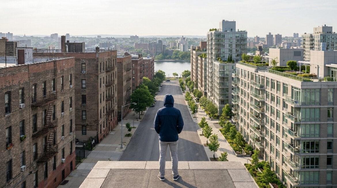 Quartiers à éviter à la Roche-sur-Yon : le vrai bilan Vue d'un individu en hoodie contemplant une rue bordée d'anciens immeubles en briques et de bâtiments modernes, menant à une rivière et à l'horizon urbain.
