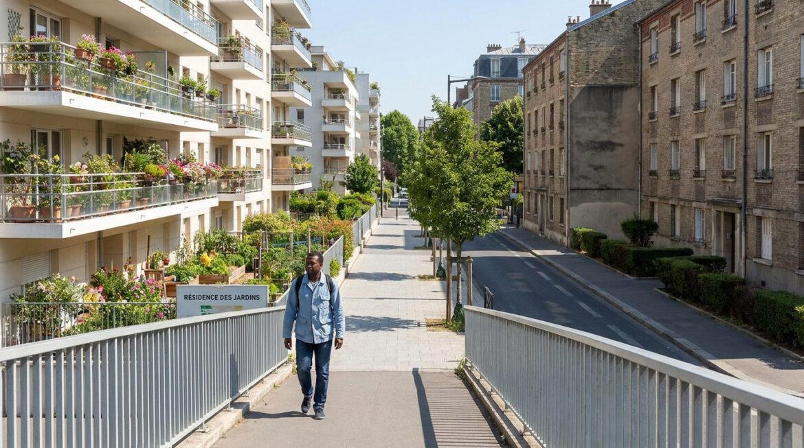 Un homme sur un pont piéton, entre des immeubles modernes fleuris et des bâtiments anciens en brique, dans un quartier de Mulhouse.