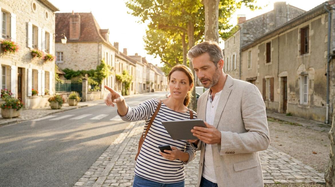 Quels quartiers éviter à Lézignan pour vivre sereinement ? Couple consultant une tablette et pointant dans une rue pavée d'un village ensoleillé.