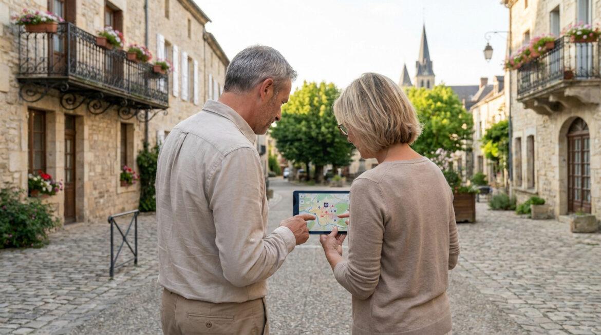 Quartiers à éviter à Blois : les zones à surveiller en 2026 Un couple regarde attentivement une carte numérique sur une tablette dans une rue pavée d'une vieille ville européenne. Un clocher est visible.