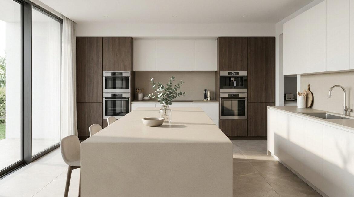 Tyko Cuisine : avis, prix et ce qu’il faut savoir avant de se lancer Cuisine spacieuse et moderne avec îlot central beige, façades en bois et blanc, fours intégrés, machine à café et grand baie vitrée.