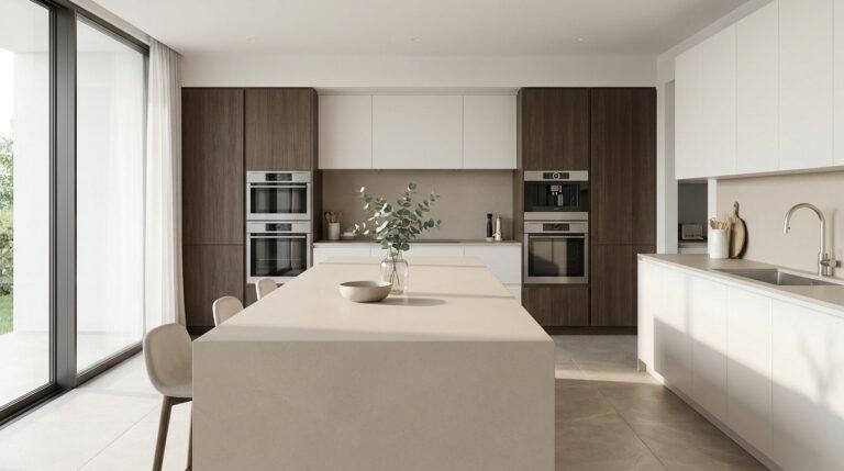 Tyko Cuisine : avis, prix et ce qu’il faut savoir avant de se lancer Cuisine spacieuse et moderne avec îlot central beige, façades en bois et blanc, fours intégrés, machine à café et grand baie vitrée.