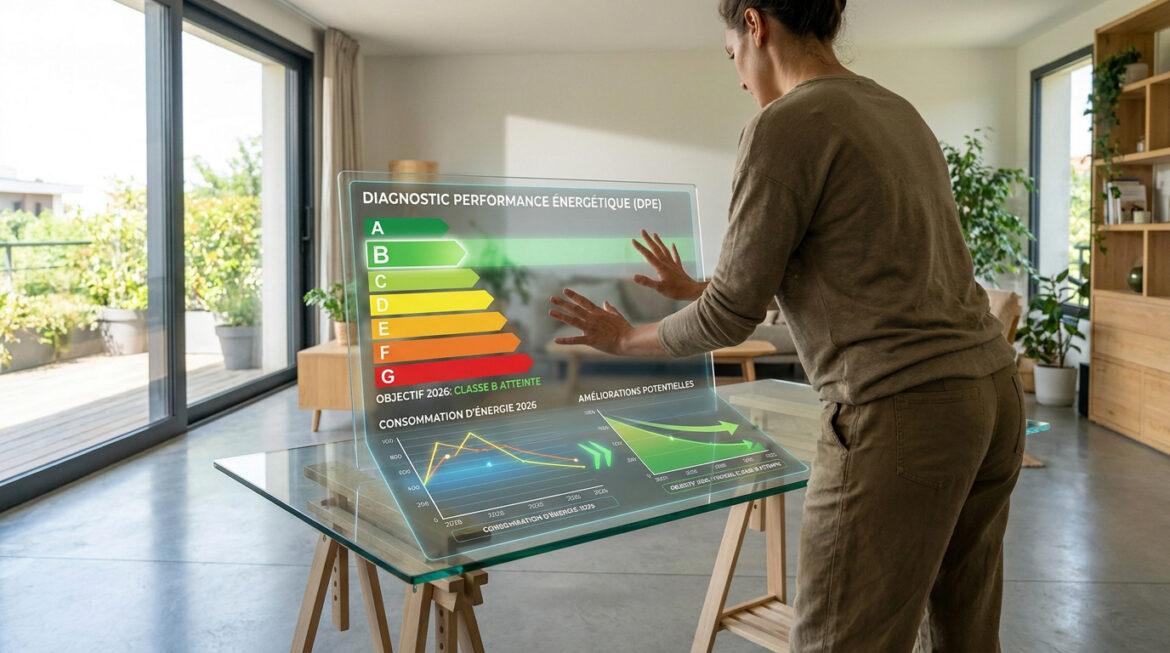 Simuler son DPE pour réussir son habitat durable Une personne analyse un diagnostic de performance énergétique (DPE) interactif dans un intérieur moderne et lumineux.
