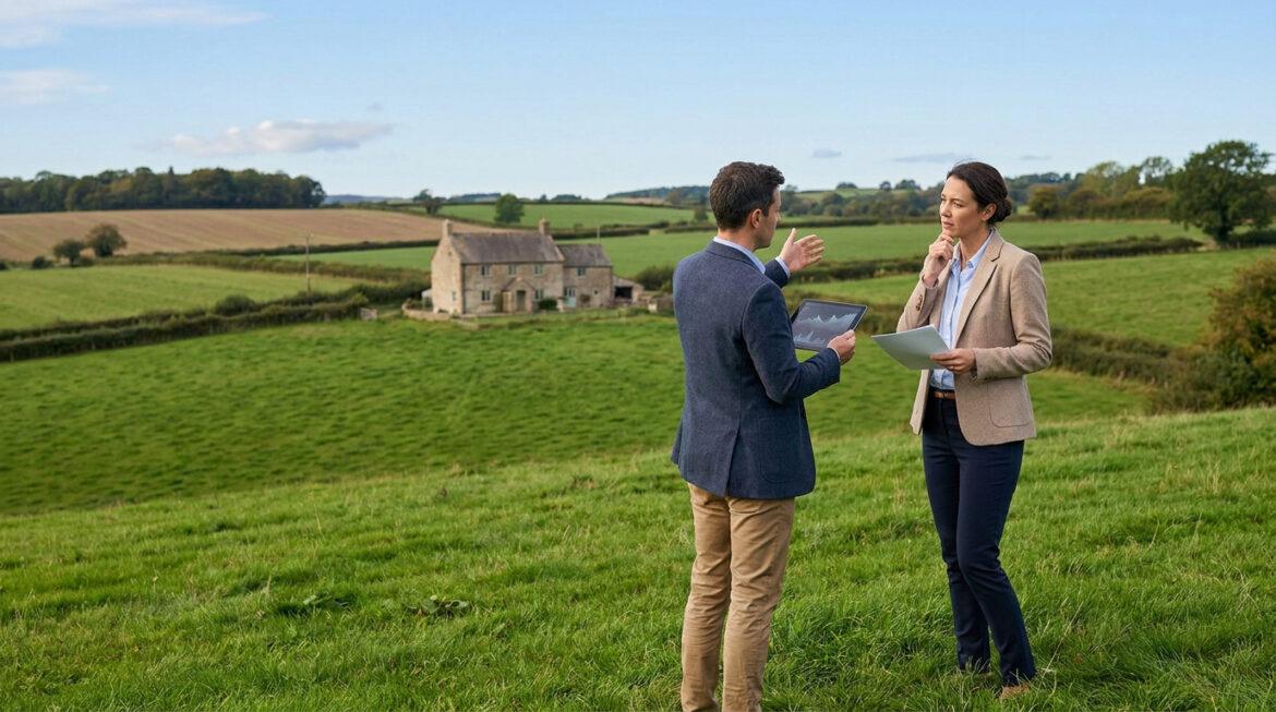 La safer peut elle imposer un prix de vente en 2026 ? Un homme et une femme en tenue professionnelle discutent de foncier devant une maison rurale. L'homme montre des données sur une tablette.