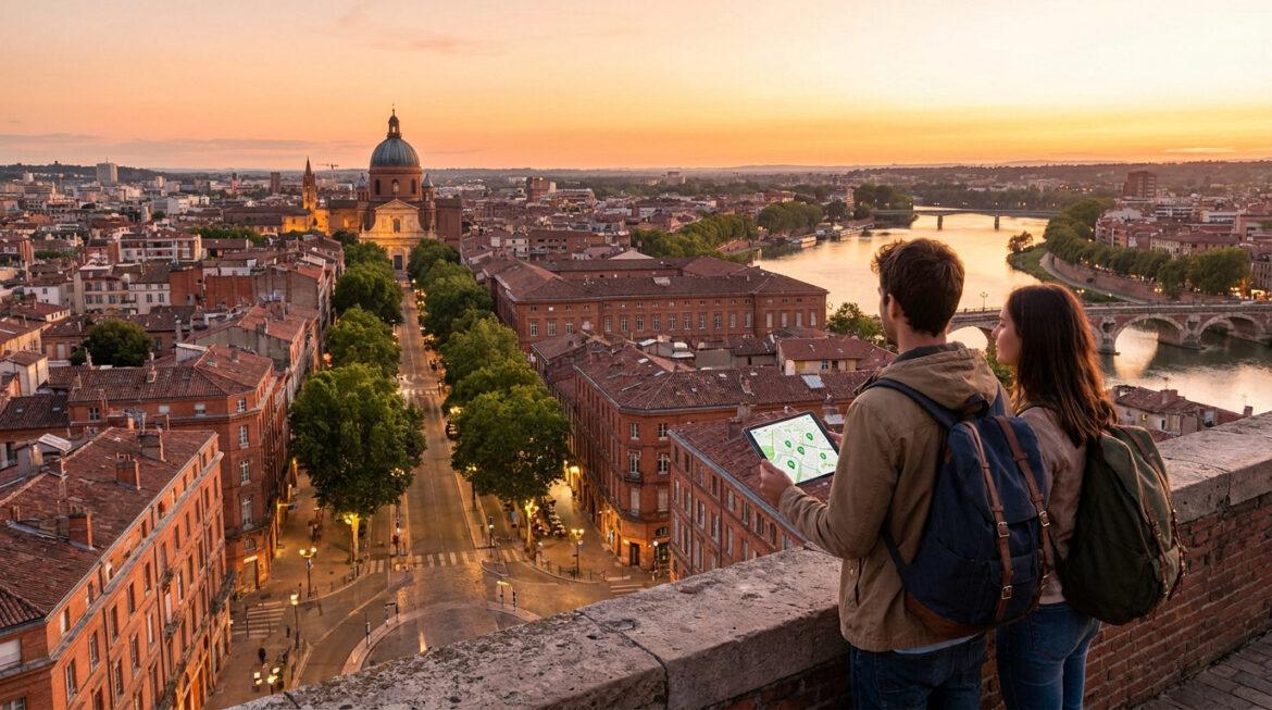 Quartiers à éviter à Toulouse : où s’installer en 2026 ? Un couple admire Toulouse depuis un point de vue au coucher du soleil. L'homme consulte une carte numérique, explorant la ville rose.