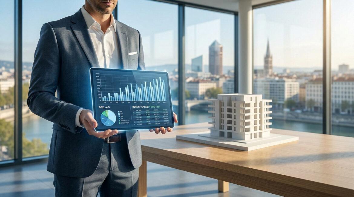 Réussir votre estimation lyon terhexagone immo en 2026 Professionnel immobilier tenant une tablette avec des graphiques de vente, une maquette d'immeuble et le panorama de Lyon.