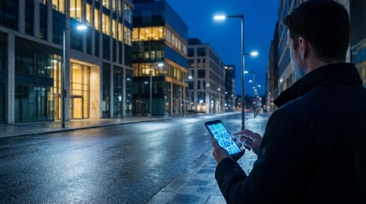 Quartiers à éviter à La Seyne-sur-Mer : le point en 2026 Vue de dos, un homme utilise son téléphone pour naviguer sur une carte urbaine la nuit, sur une rue mouillée bordée de bureaux illuminés.