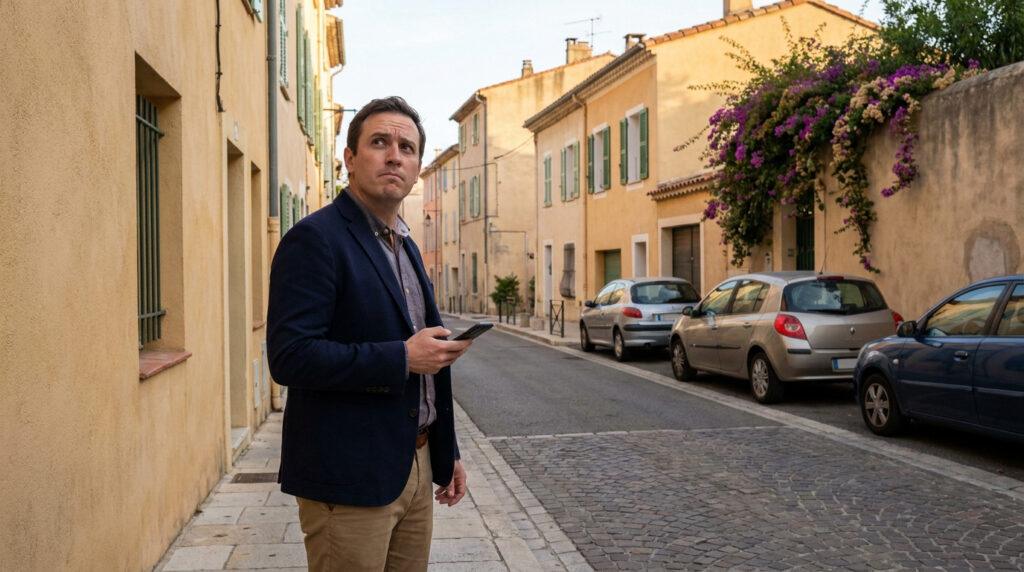 Homme perplexe utilisant son téléphone dans une rue étroite d'Antibes, avec des bâtiments jaunes et des voitures garées.