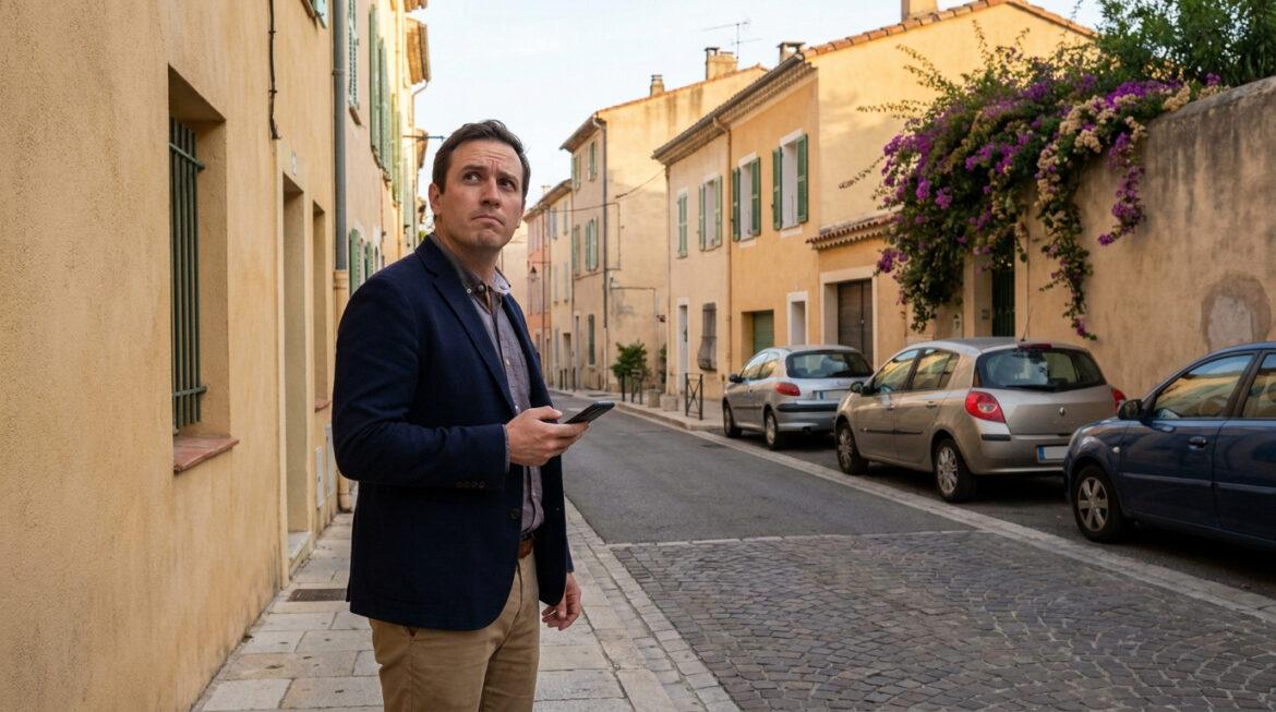 Quartiers à éviter à Antibes : les zones de vigilance Homme perplexe utilisant son téléphone dans une rue étroite d'Antibes, avec des bâtiments jaunes et des voitures garées.