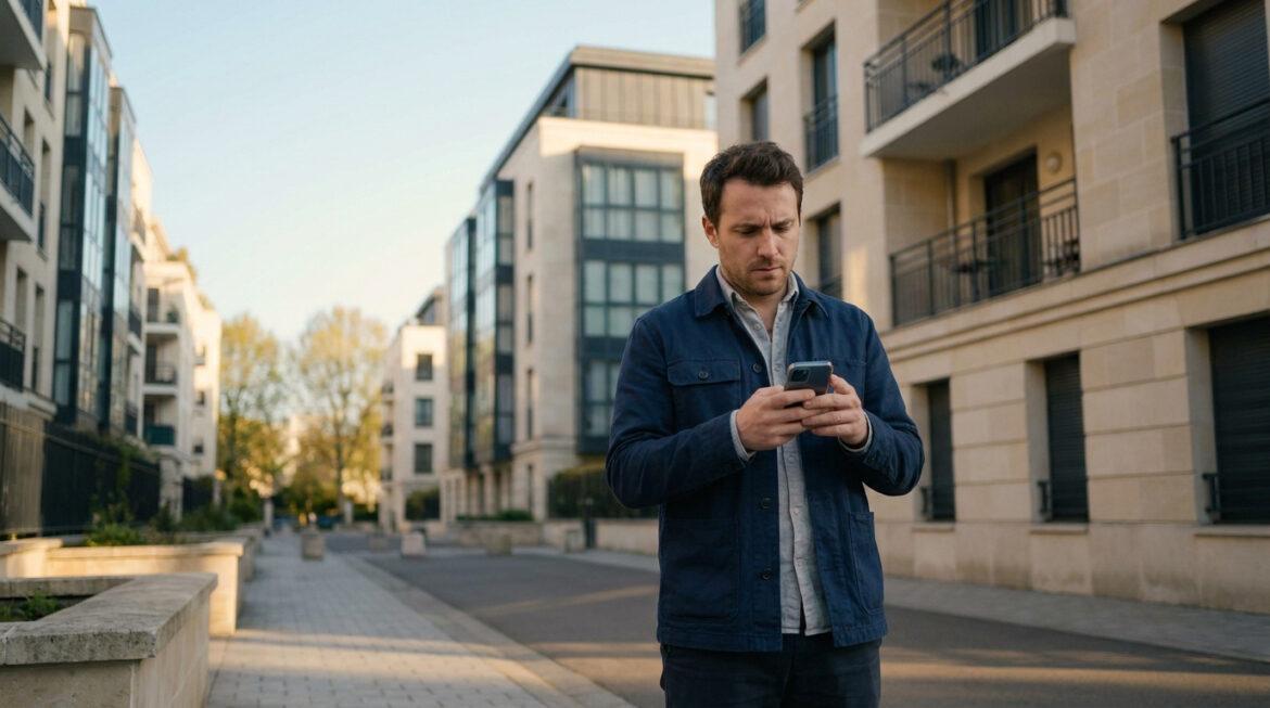 Homme en veste bleue consulte intensément son smartphone dans une rue résidentielle moderne bordée d'immeubles clairs.