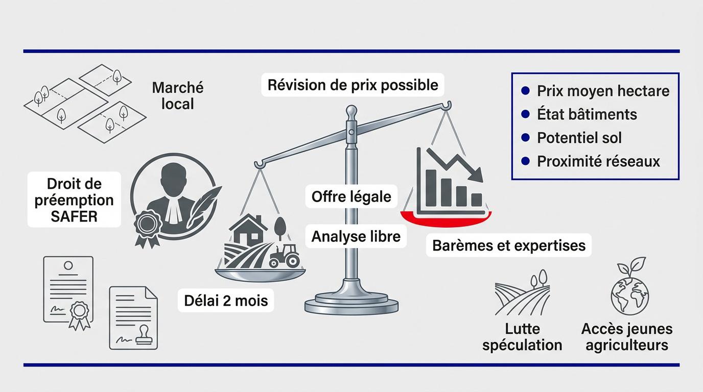 Infographie expliquant le droit de préemption de la SAFER et l'analyse foncière