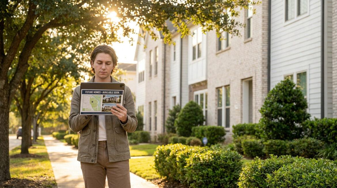 Quartiers à éviter à Conflans : le point sur la sécurité Jeune homme tenant une tablette affichant des maisons à vendre, marchant devant des résidences modernes sous un soleil couchant.