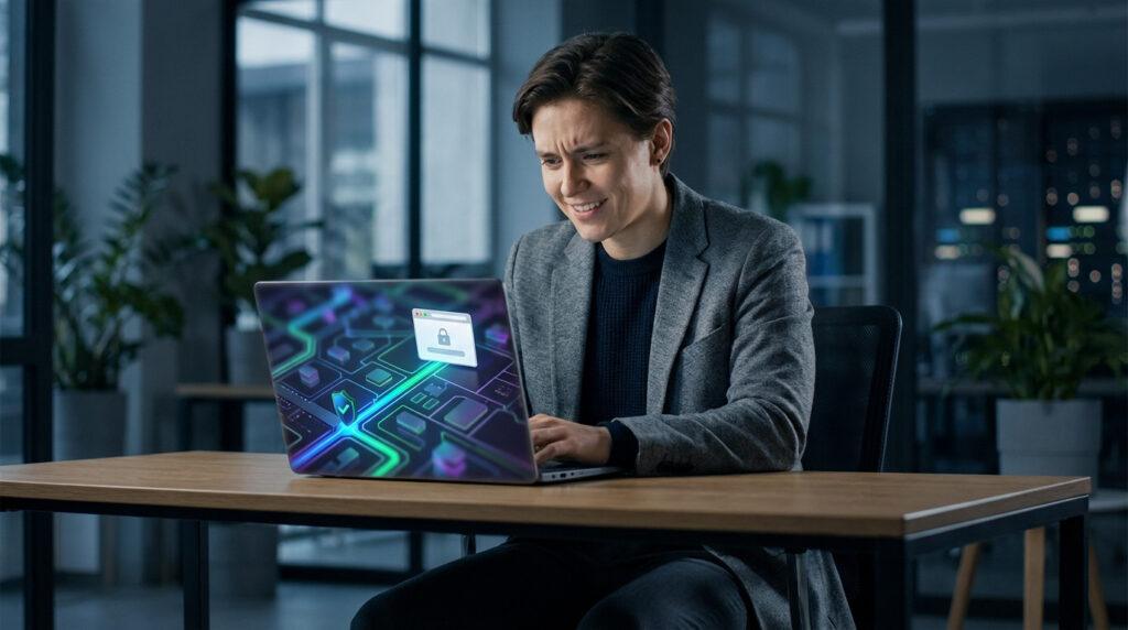 Jeune homme concentré sur son ordinateur portable affichant une icône de cadenas et un schéma de circuit imprimé, symbolisant la cybersécurité.