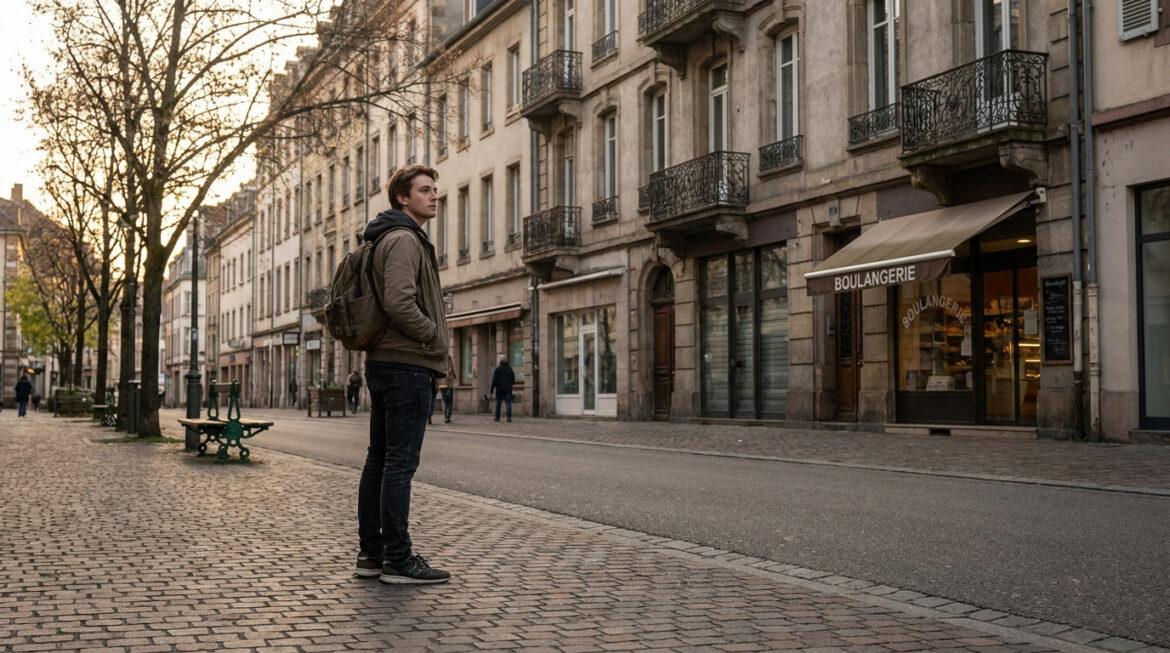 Quartiers à éviter à Mulhouse : le point sur la sécurité Un jeune homme avec un sac à dos se tient sur un trottoir pavé devant une boulangerie et des immeubles anciens à Mulhouse.