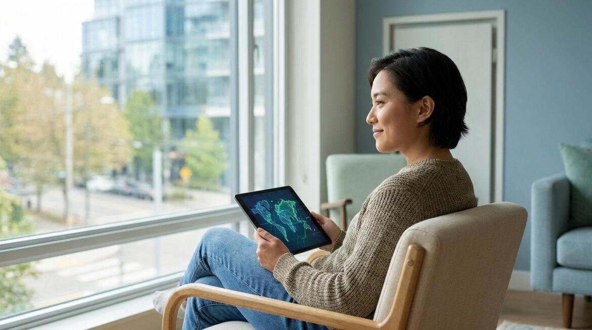 Quels quartiers éviter à Argenteuil pour rester serein ? Femme regardant pensivement par la fenêtre, tenant une tablette avec une carte du monde numérique.