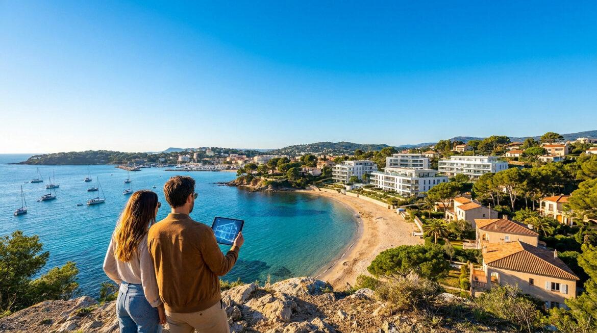 Quartiers seyne mer : où investir et quels secteurs éviter Couple regardant une ville côtière ensoleillée avec des immeubles modernes et une plage, l'homme tient une tablette avec un plan de maison.