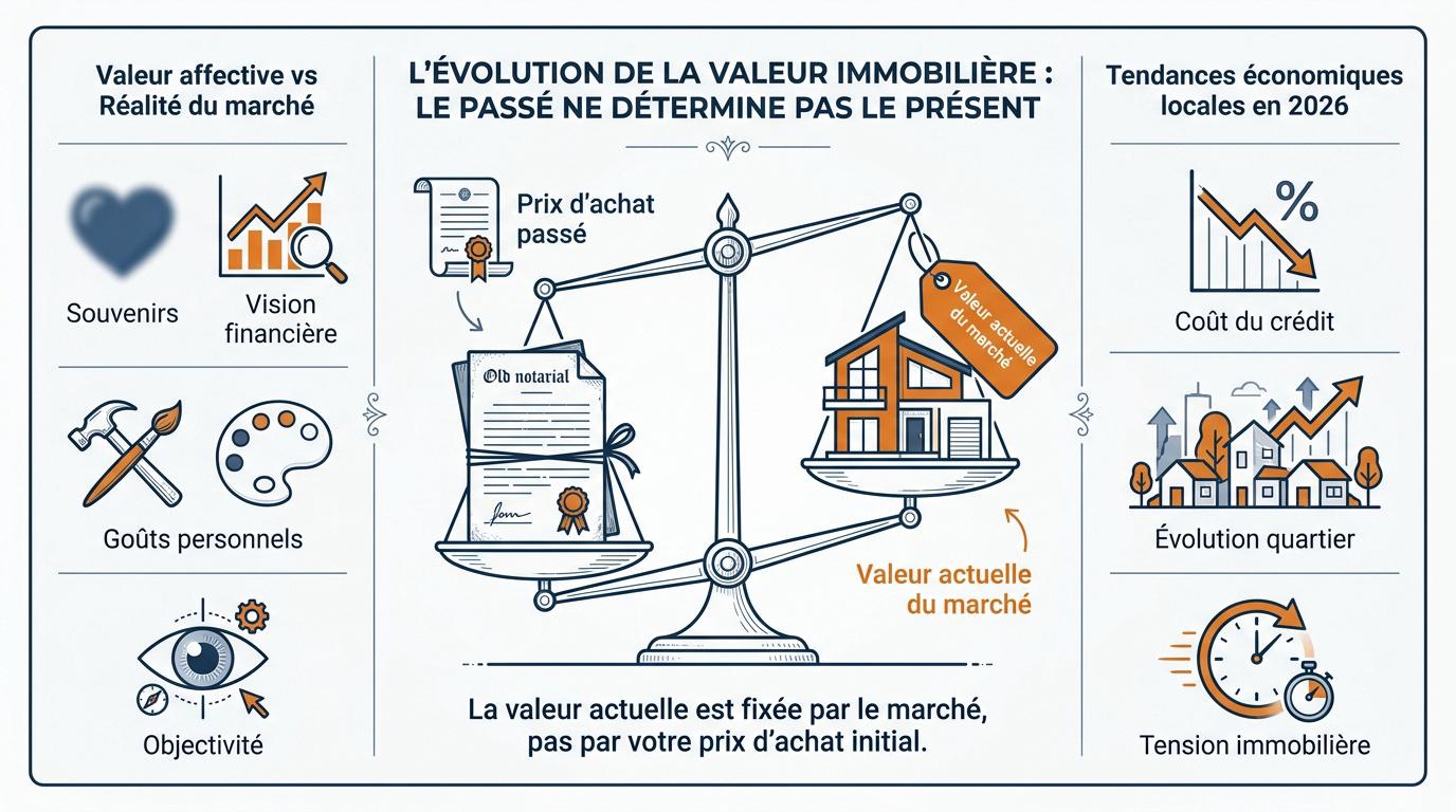 Graphique illustrant la différence entre prix d'achat historique et valeur de marché actuelle
