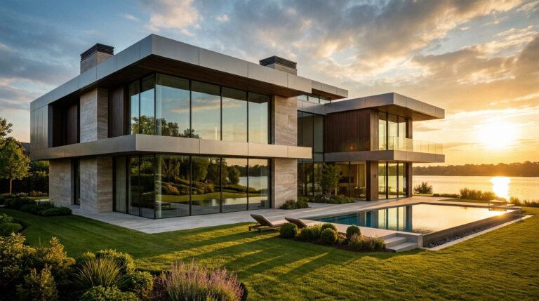 Réussir l’estimation de votre maison de prestige en 2026 Maison de luxe moderne avec grandes baies vitrées, piscine, jardin, et vue sur un lac au coucher de soleil.