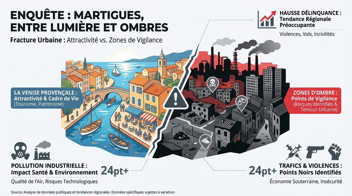 Vue urbaine de Martigues illustrant les contrastes entre zones résidentielles et zones industrielles