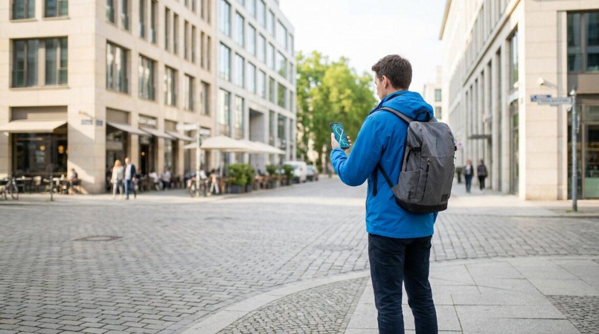 Quartiers à éviter à Alès : le point sur la sécurité Un homme de dos, vêtu d'une veste bleue et d'un sac à dos, consulte son smartphone dans une rue pavée animée.