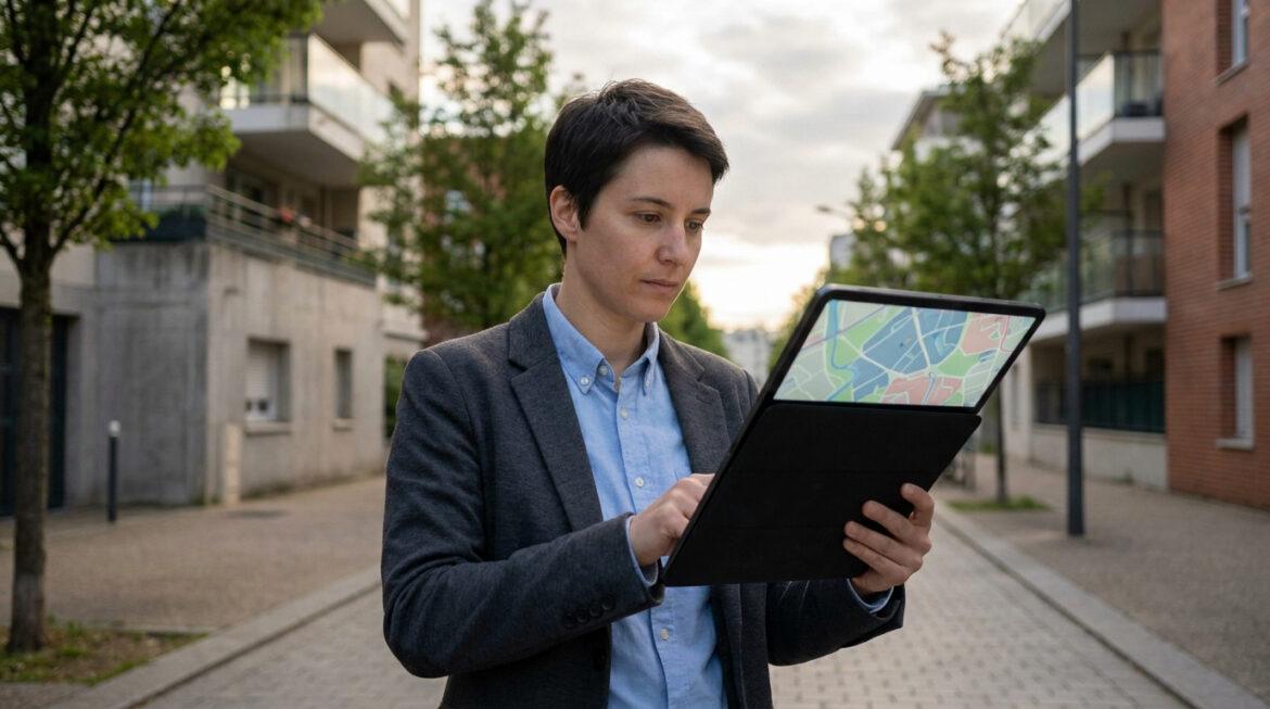 Quartiers à éviter à Ivry : les secteurs à risques en 2026 Femme aux cheveux courts consultant une carte urbaine sur une tablette dans une rue résidentielle, analysant potentiellement des zones.
