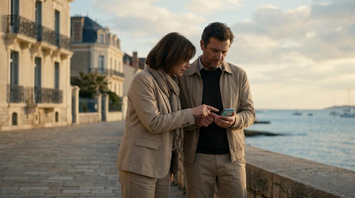 Sécurité et bruit : quels quartiers à éviter à Royan ? Couple consultant un smartphone sur un quai à Royan, avec des immeubles élégants et la mer bordée de bateaux au coucher du soleil.