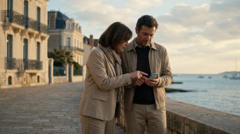 Sécurité et bruit : quels quartiers à éviter à Royan ? Couple consultant un smartphone sur un quai à Royan, avec des immeubles élégants et la mer bordée de bateaux au coucher du soleil.