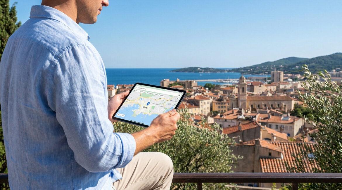 Quartiers à éviter à Toulon : les secteurs à surveiller Un homme en chemise bleue regarde une tablette affichant une carte de Toulon, avec la ville et la mer en arrière-plan.