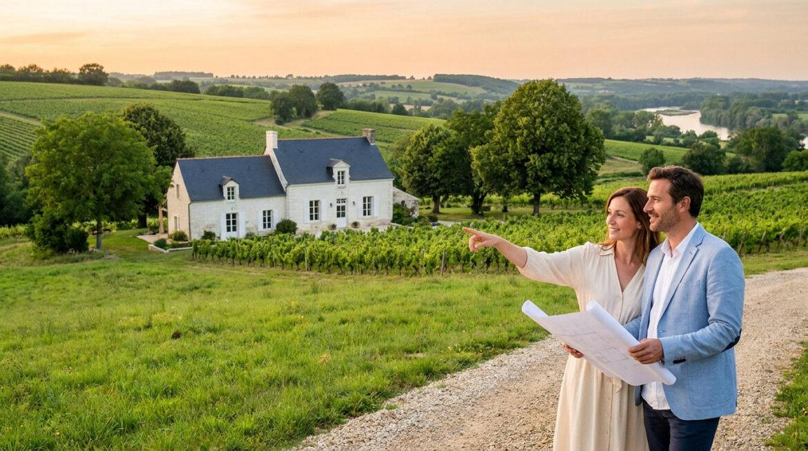 Tout savoir sur alcb immo pour vos projets en Touraine Couple souriant avec plans, admirant une maison de campagne blanche au milieu de vignobles en Touraine. Ciel orangé.