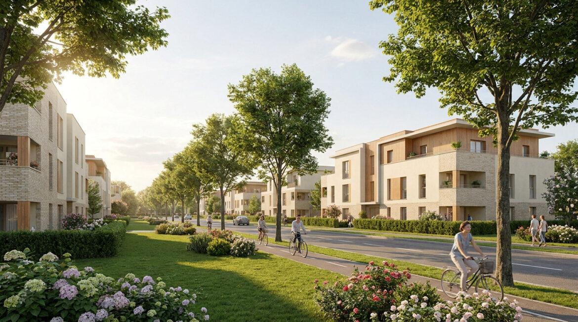 Quartiers de Vigneux-sur-Seine : où investir sereinement ? Vue d'un quartier résidentiel moderne avec des immeubles clairs, allées vertes, pistes cyclables et personnes à vélo.
