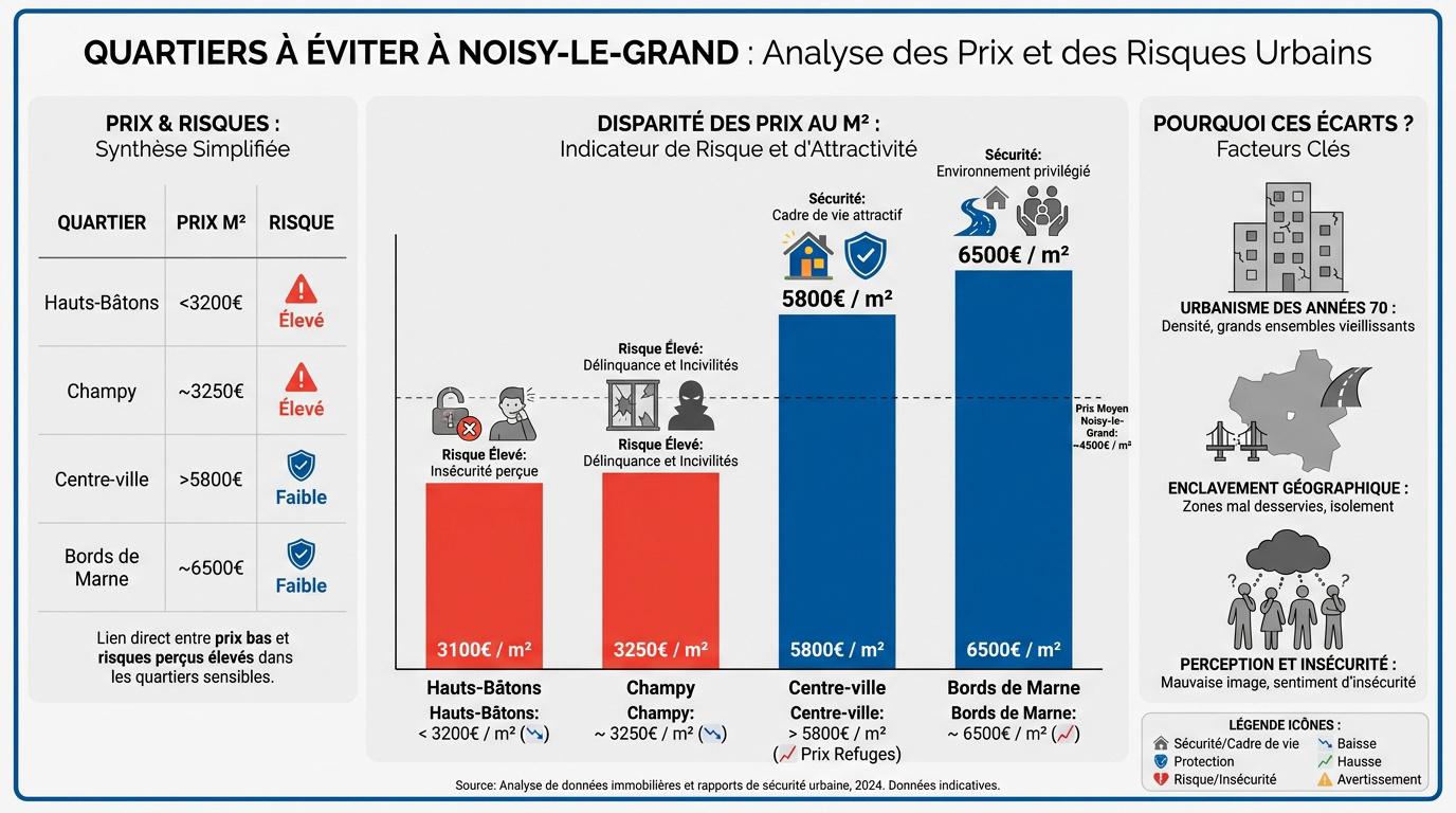 Graphique comparatif des prix immobiliers et des risques par quartier à Noisy-le-Grand