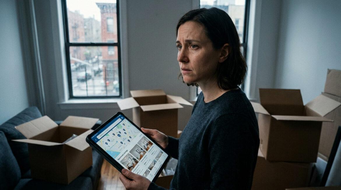 Mon propriétaire vend et je ne trouve pas de logement : vos aides Femme anxieuse avec une tablette affichant des annonces d'appartements, entourée de cartons de déménagement.