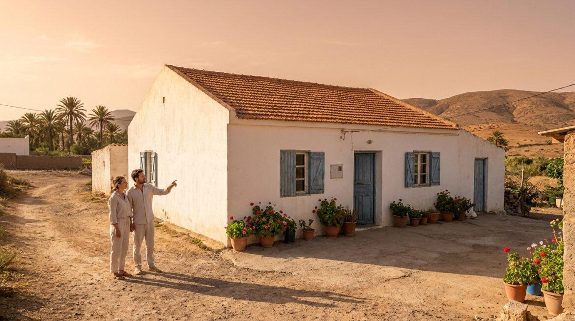Acheter une maison au Maroc avec un budget de 25 000 euros Couple devant une maison blanche aux volets bleus dans un village marocain, palmiers et collines arides en arrière-plan.
