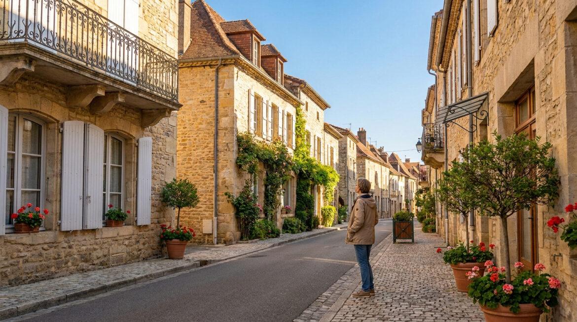 Quels quartiers éviter à Brive pour s’installer en 2026 ? Femme admirant une charmante rue pavée bordée de vieilles maisons en pierre, volets blancs et fleurs, sous un ciel bleu clair.